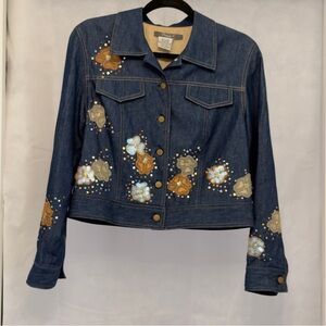 Maggy L Embellished Denim Jacket Floral Sequin Petite Cropped Jean Jacket